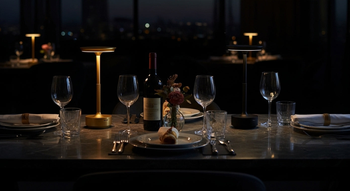 AuraElara Cordless Table Lamp in Brushed Gold aluminum, a dimmable and rechargeable modern LED light with touch control. VelunaLumin.