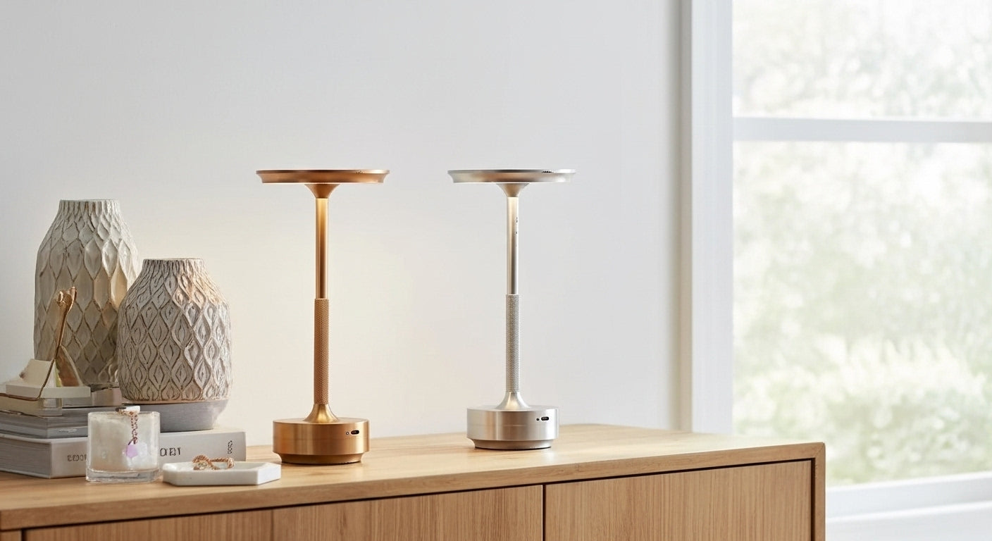 AuraElara Cordless Table Lamps in Silver and Rose Gold displayed on a console table in a bright, minimalist living room, showcasing their elegant design for sophisticated home decor by VelunaLumin.