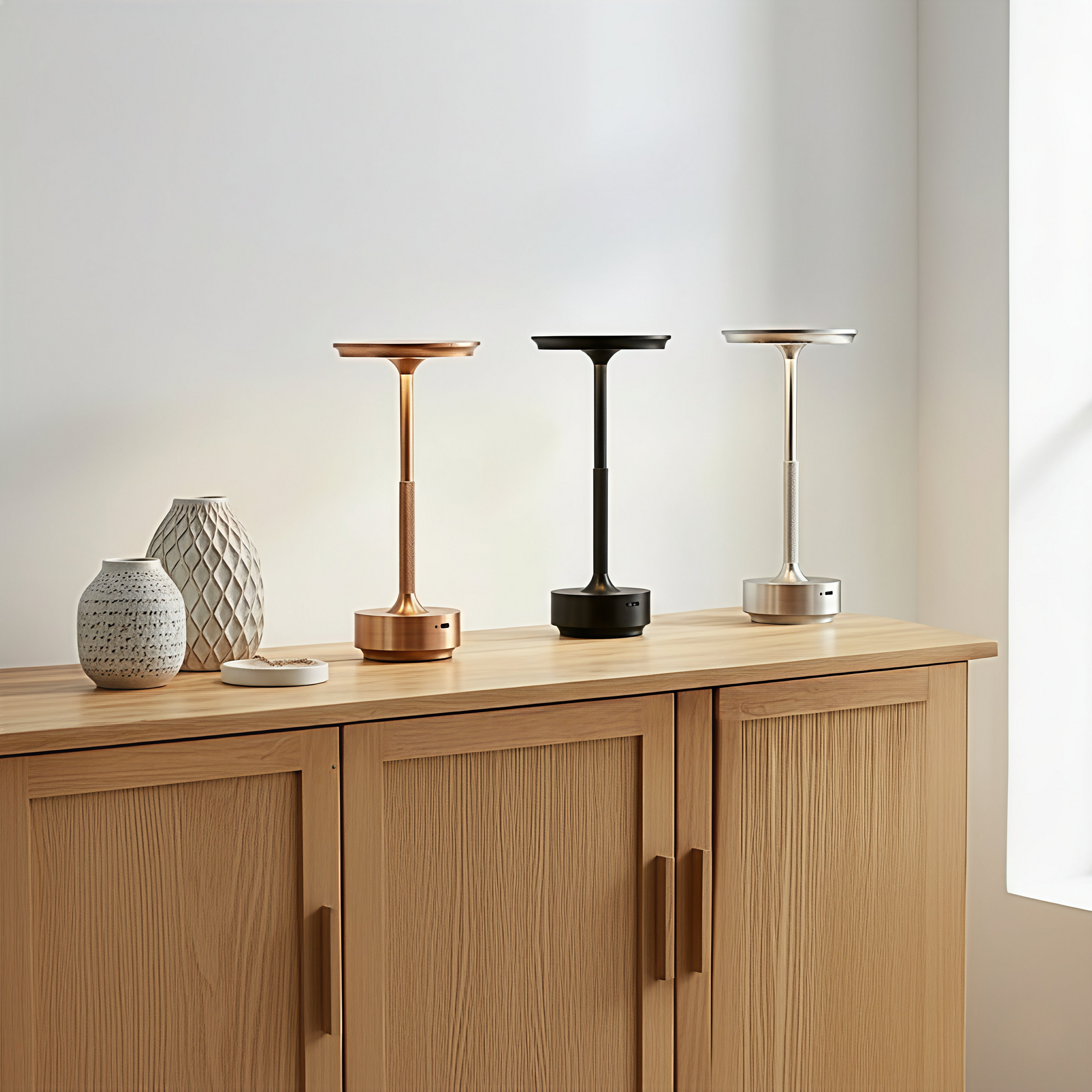 AuraElara Cordless Table Lamps in Silver and Rose Gold displayed on a console table in a bright, minimalist living room, showcasing their elegant design for sophisticated home decor by VelunaLumin.