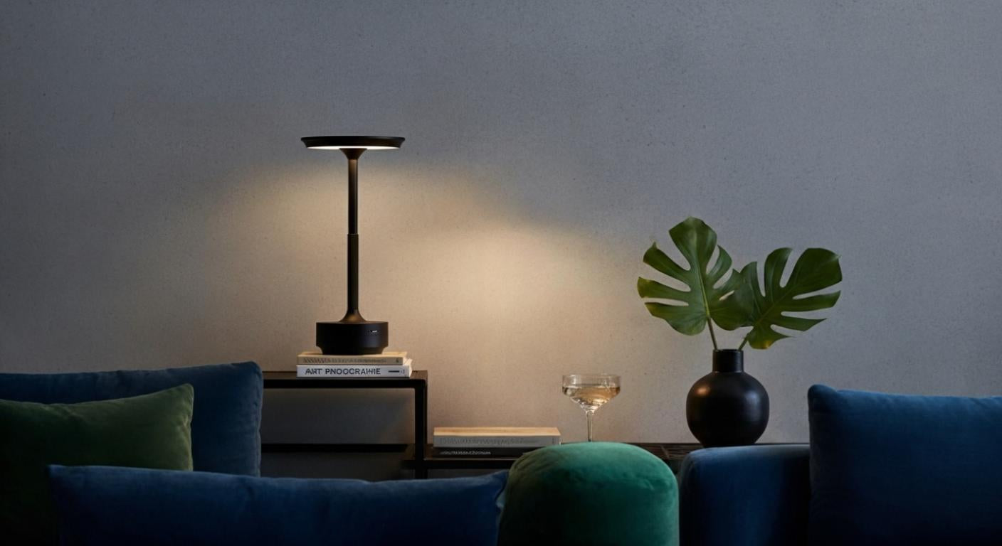 AuraElara Cordless Table Lamp in Matte Black aluminum, a dimmable and rechargeable modern LED light with touch control. VelunaLumin.