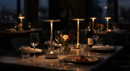 AuraElara Cordless Table Lamp in Polished Silver aluminum, a dimmable and rechargeable modern LED light with touch control. VelunaLumin.