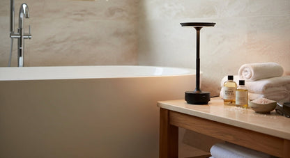 AuraElara Cordless Table Lamp in Matte Black aluminum, a dimmable and rechargeable modern LED light with touch control. VelunaLumin.