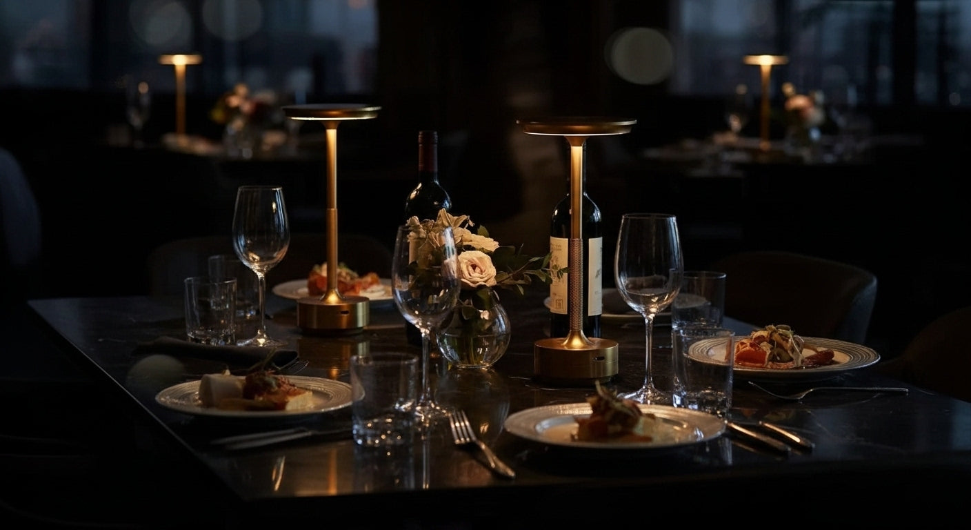 AuraElara Cordless Table Lamp in Brushed Gold aluminum, a dimmable and rechargeable modern LED light with touch control. VelunaLumin.