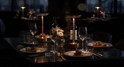 AuraElara Cordless Table Lamp in Brushed Gold aluminum, a dimmable and rechargeable modern LED light with touch control. VelunaLumin.