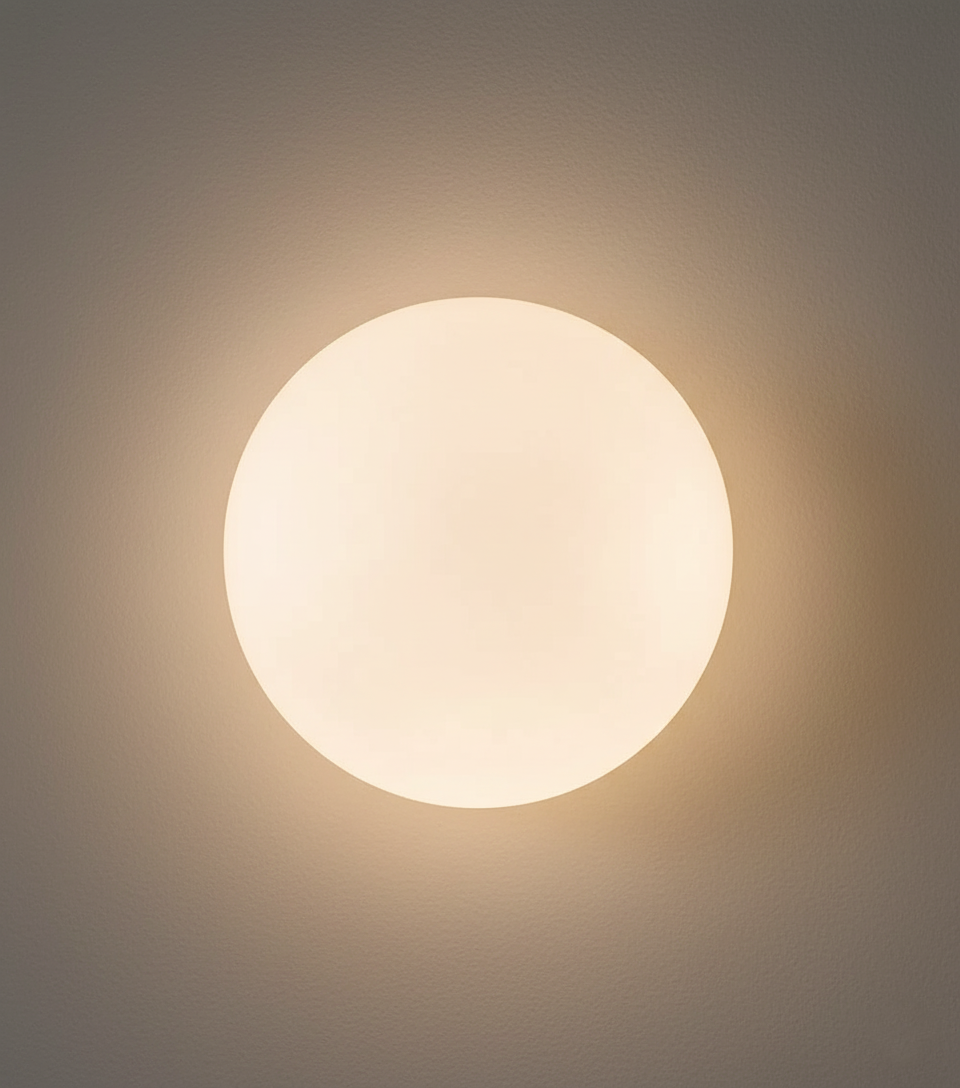 Close-up of the AuraOrb Ceiling Light showing the detail of the frosted glass globe and the premium metal base in a brushed gold finish. VelunaLumin.