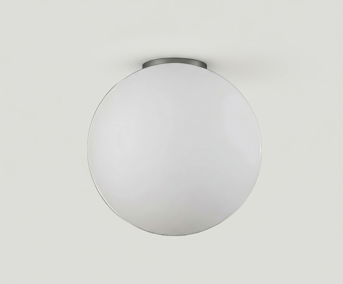 Close-up of the AuraOrb Ceiling Light showing the detail of the frosted glass globe and the premium metal base in a brushed gold finish. VelunaLumin.