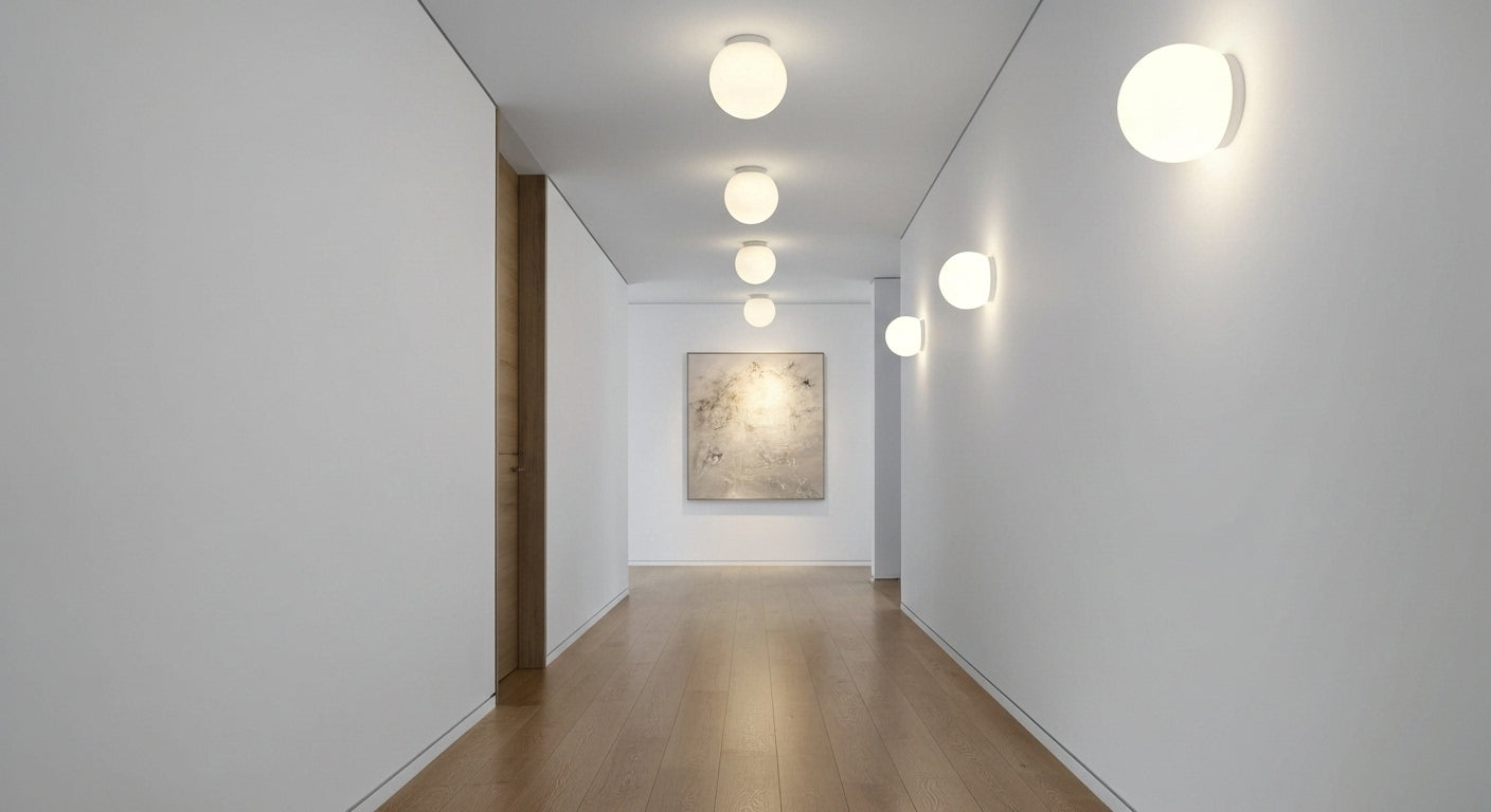 A series of AuraOrb Minimalist Ceiling Lights in Gold and Black illuminating a modern hallway, creating a rhythmic and serene path of light. VelunaLumin.
