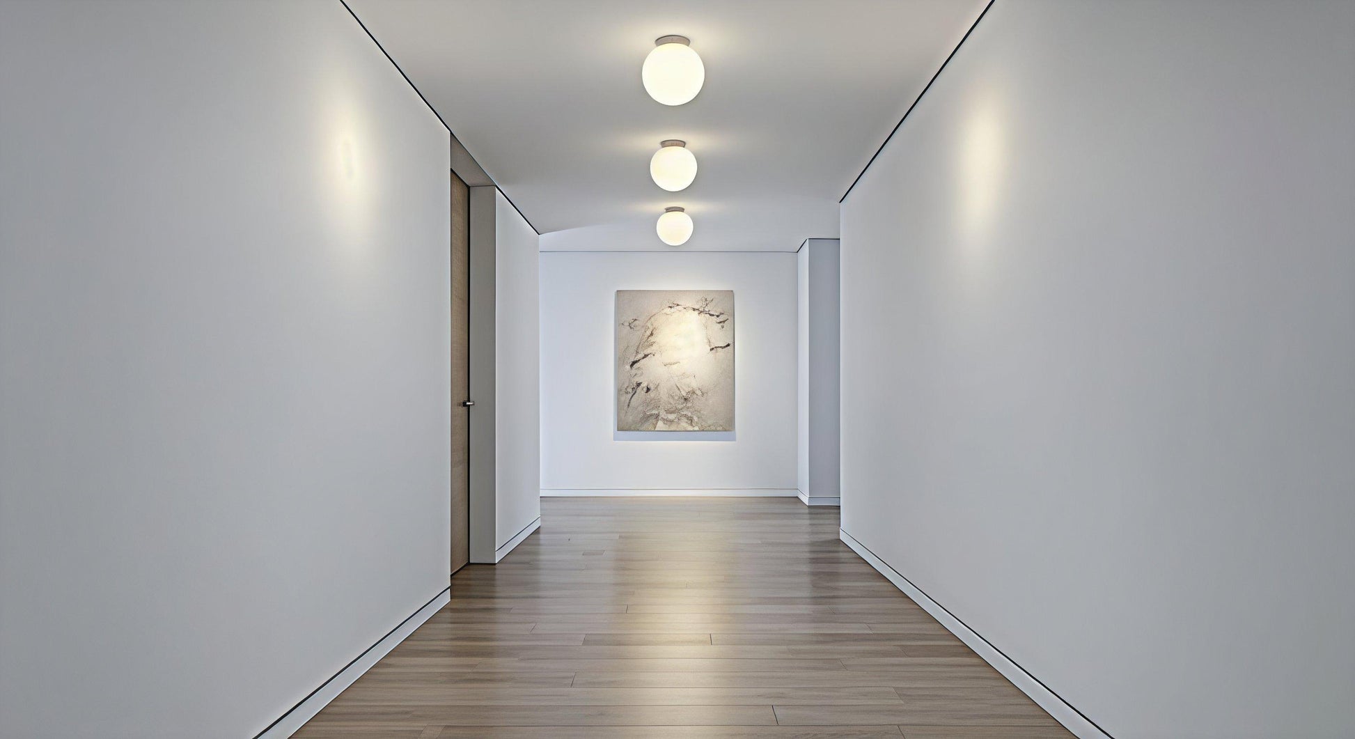 A series of AuraOrb Minimalist Ceiling Lights in Gold and Black illuminating a modern hallway, creating a rhythmic and serene path of light. VelunaLumin.