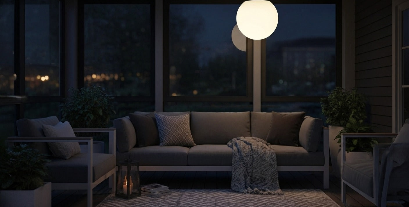 AuraOrb Minimalist ceiling light with a black finish illuminating a covered balcony at night, providing safe and elegant ambient lighting for an outdoor space. VelunaLumin.