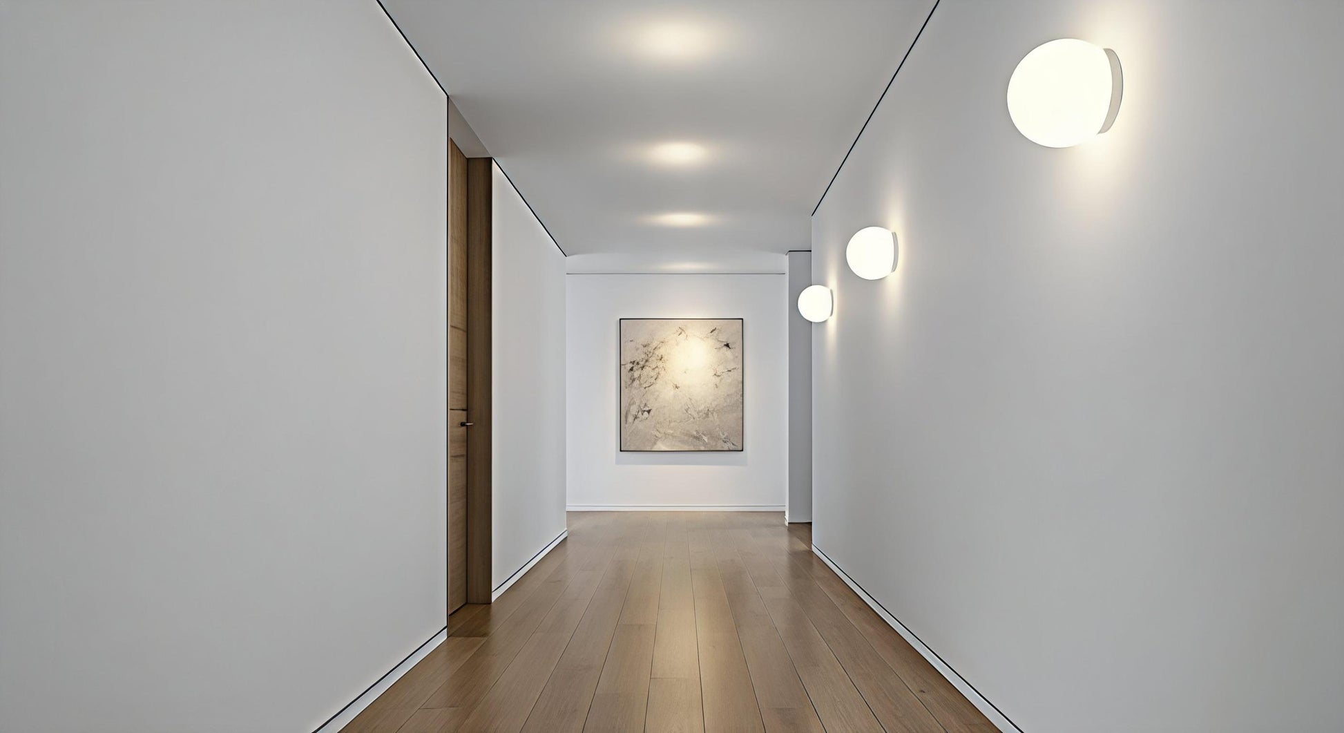 A series of AuraOrb Minimalist Ceiling Lights in Gold and Black illuminating a modern hallway, creating a rhythmic and serene path of light. VelunaLumin.