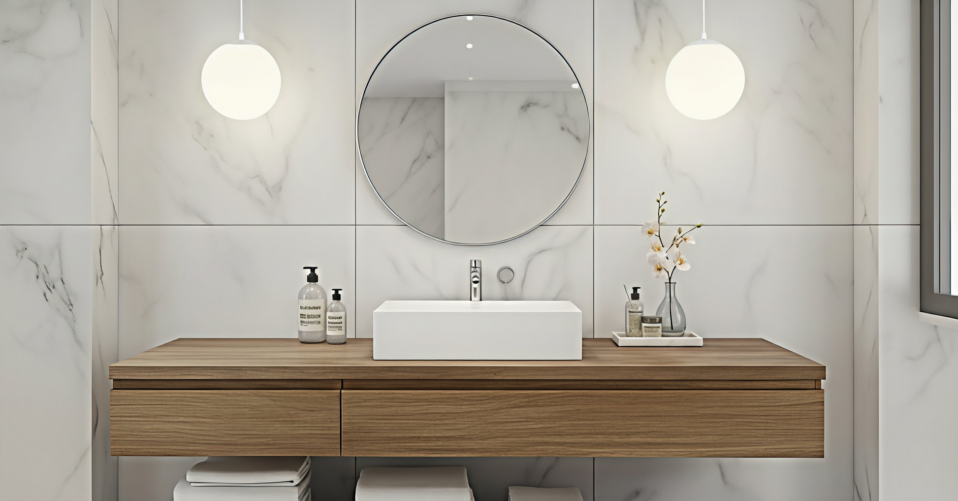 Two AuraOrb Minimalist ceiling lights with a gold finish, symmetrically mounted beside a mirror in a luxury spa-style bathroom, providing soft, diffused light. VelunaLumin.