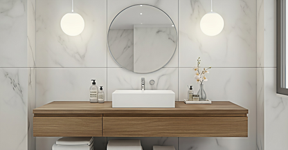 Two AuraOrb Minimalist ceiling lights with a gold finish, symmetrically mounted beside a mirror in a luxury spa-style bathroom, providing soft, diffused light. VelunaLumin.