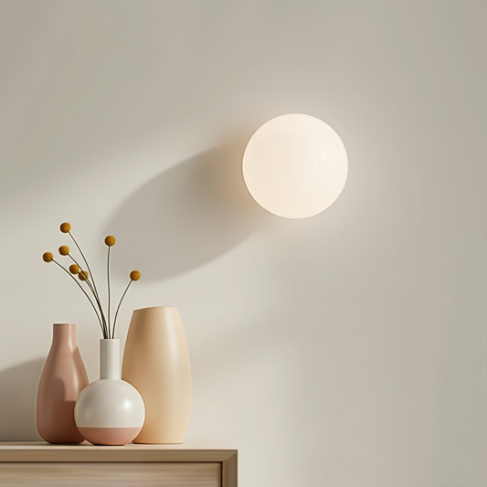 Close-up of the AuraOrb Ceiling Light showing the detail of the frosted glass globe and the premium metal base in a brushed gold finish. VelunaLumin.