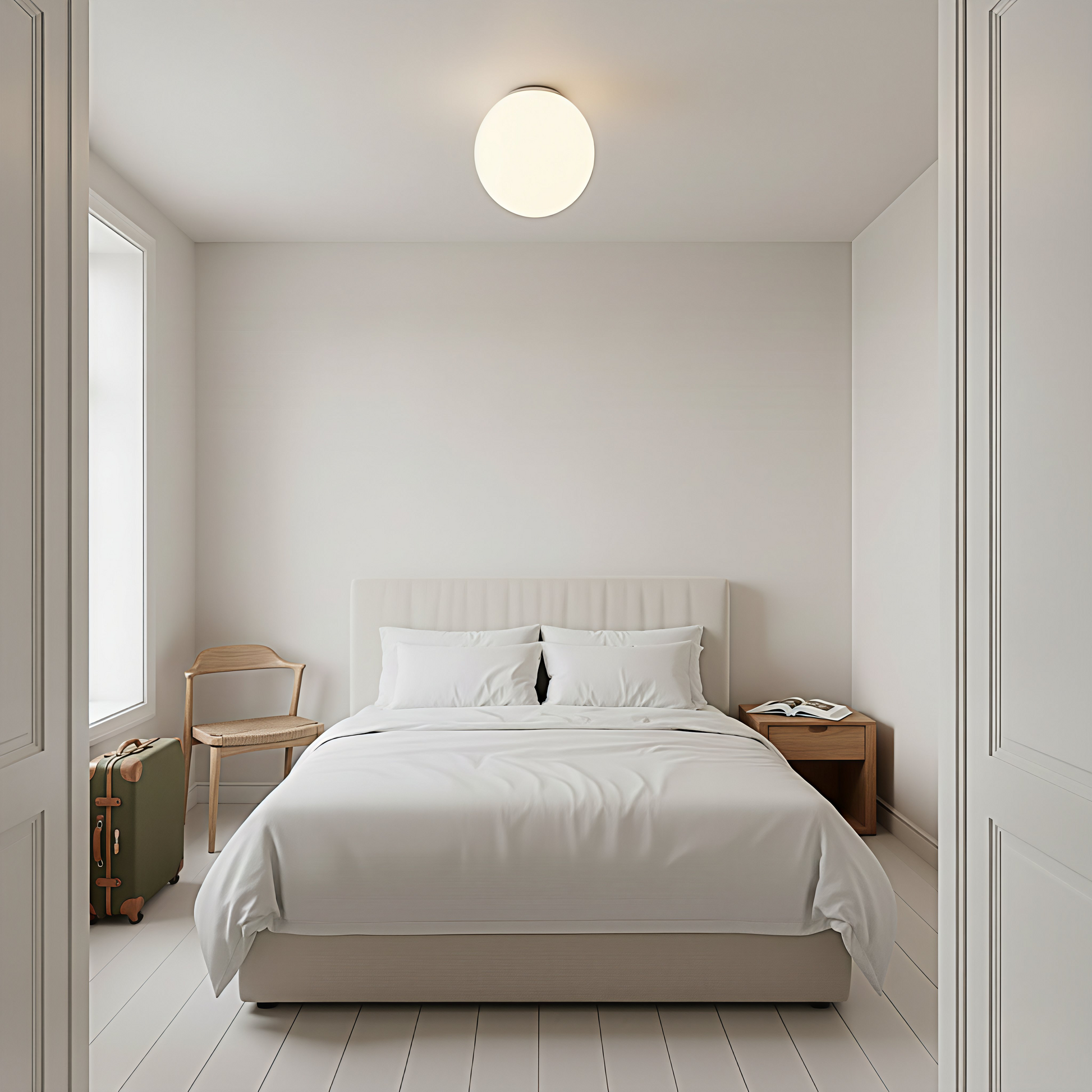 A single gold-finish AuraOrb ceiling light in the center of a guest bedroom, demonstrating a minimalist, functional, and welcoming lighting solution. VelunaLumin.