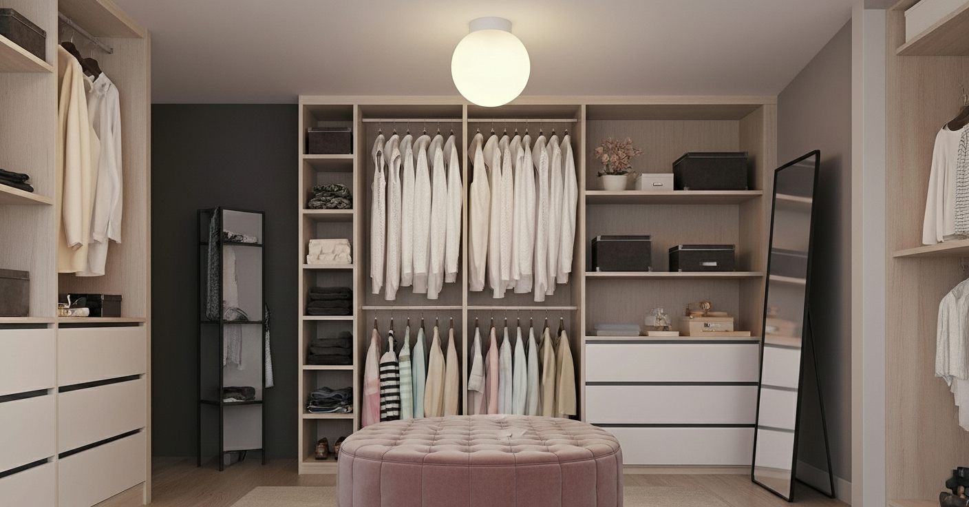 AuraOrb Minimalist ceiling light with a black finish centrally mounted in a modern, organized walk-in closet, offering clear and uniform boutique-style illumination. VelunaLumin.