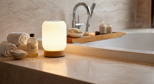 AuraShroom Portable Touch Lamp, a dimmable mushroom-shaped LED night light, in a modern white finish. VelunaLumin.