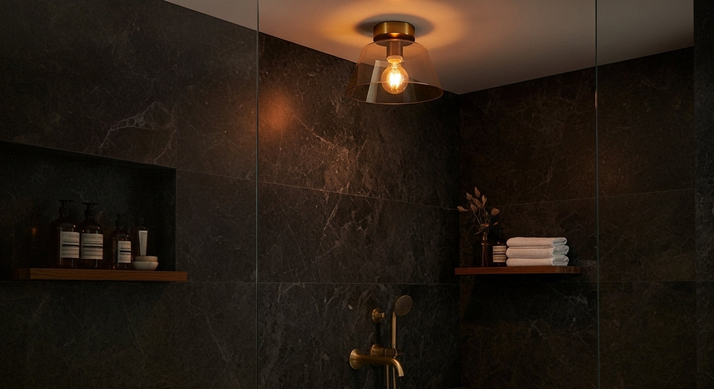 A single AuraSphere  Ceiling Light in a Amber glass finish providing clean, spa-like illumination in a luxurious modern bathroom. VelunaLumin.