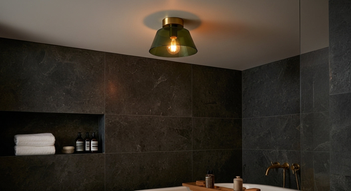 A single AuraSphere Ceiling Light in a Green glass finish providing clean, spa-like illumination in a luxurious modern bathroom. VelunaLumin.