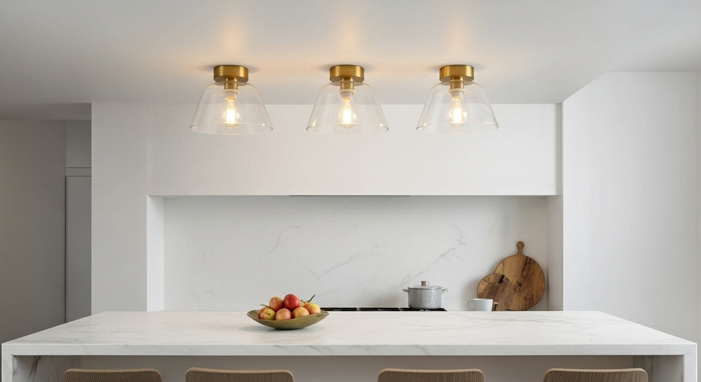 An artistic cluster of AuraSphere Ceiling Lights in mixed shapes and colors (Amber, Green, Transparent) mounted directly on the ceiling over a modern kitchen island. VelunaLumin.
