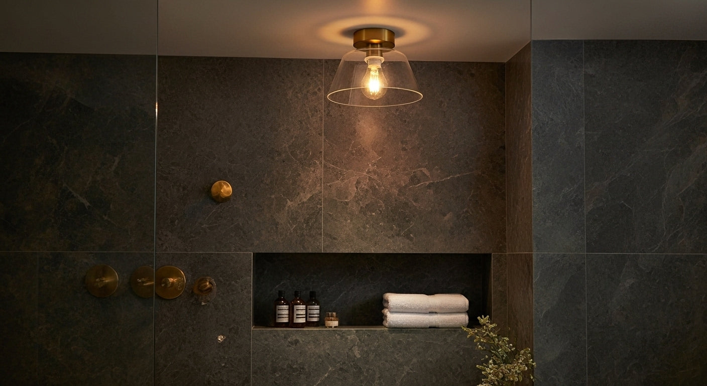 A single AuraSphere Ceiling Light in a Transparent glass finish providing clean, spa-like illumination in a luxurious modern bathroom. VelunaLumin.