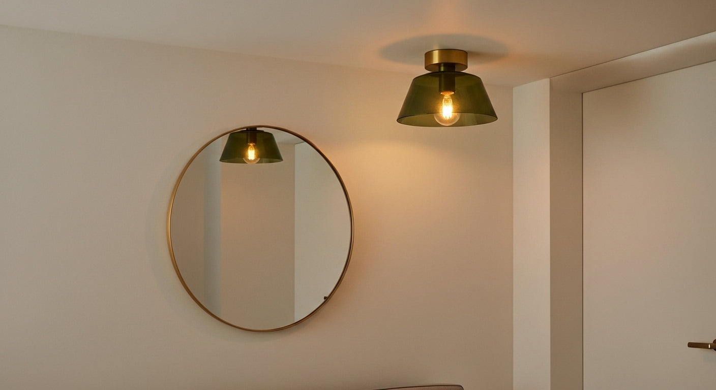 A welcoming entryway featuring a single AuraSphere Ceiling Light in a warm Green glass finish, creating an elegant first impression. VelunaLumin.