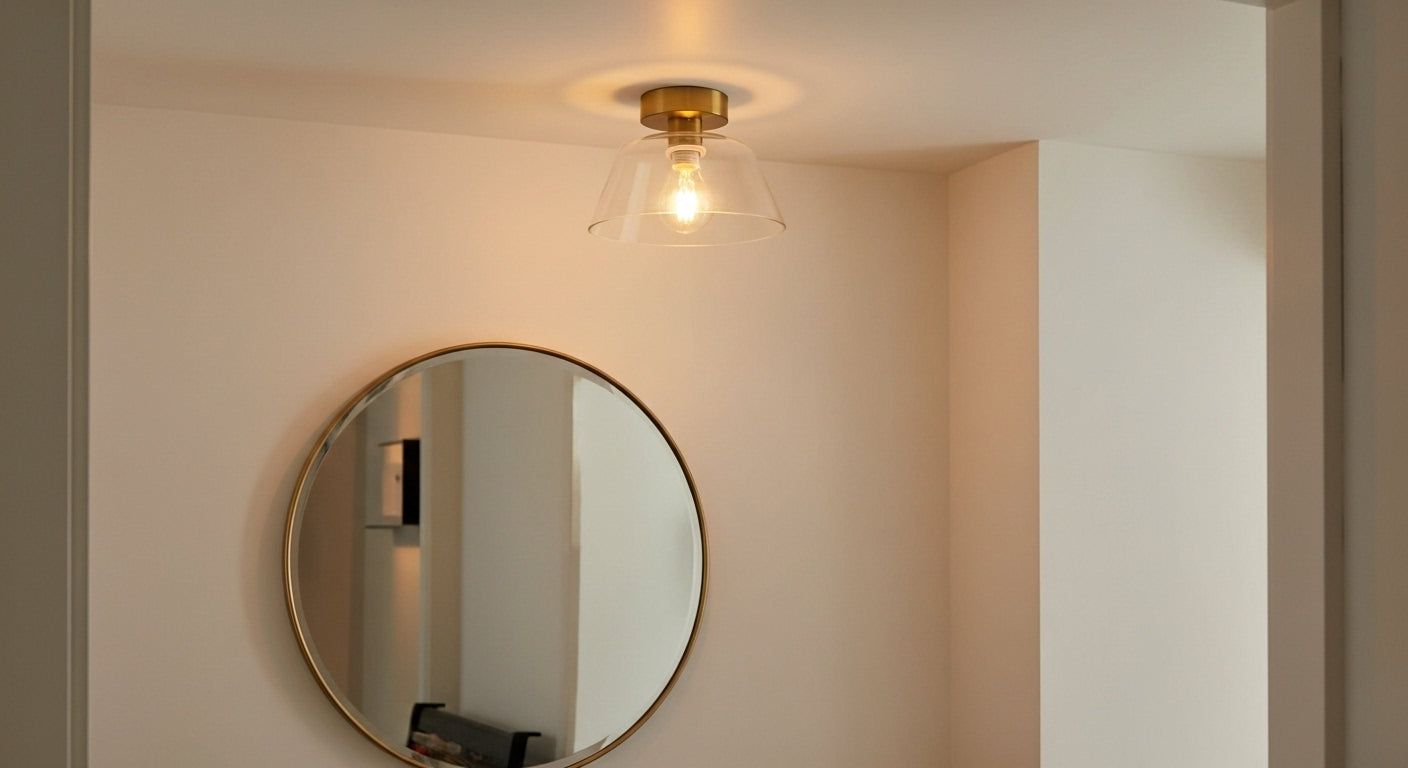 A welcoming entryway featuring a single AuraSphere Ceiling Light in a warm Transparent glass finish, creating an elegant first impression. VelunaLumin.