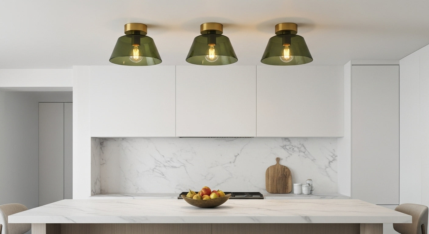 An artistic cluster of AuraSphere Ceiling Lights in mixed shapes and colors (Amber, Green) mounted directly on the ceiling over a modern kitchen island. VelunaLumin.
