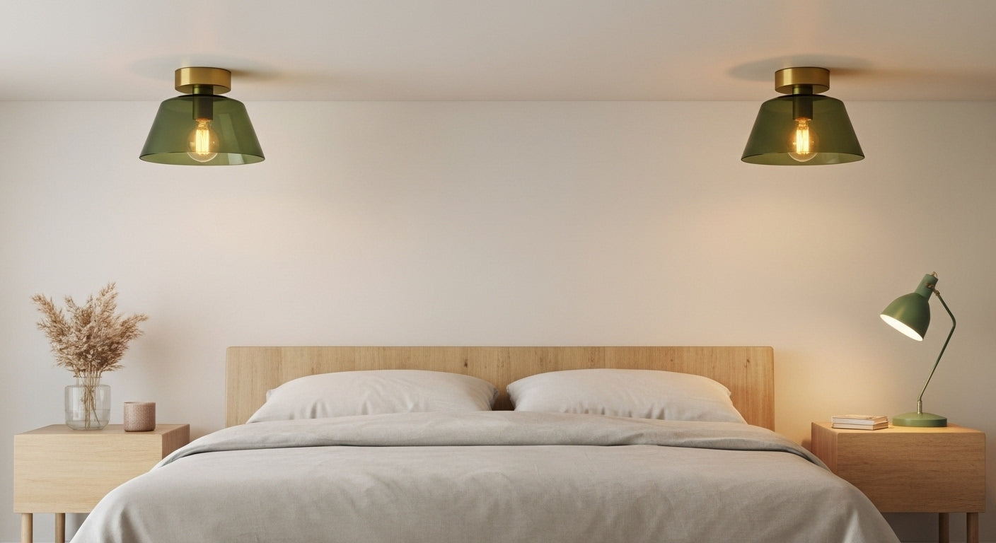 Two AuraSphere Ceiling Lights in a soft Amber glass finish, symmetrically mounted on the ceiling on either side of a bed in a serene bedroom. VelunaLumin.