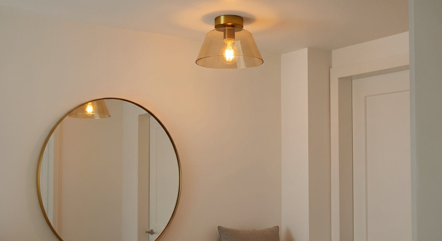 A single AuraSphere Ceiling Light in a Amber glass finish providing clean, spa-like illumination in a luxurious modern bathroom. VelunaLumin.