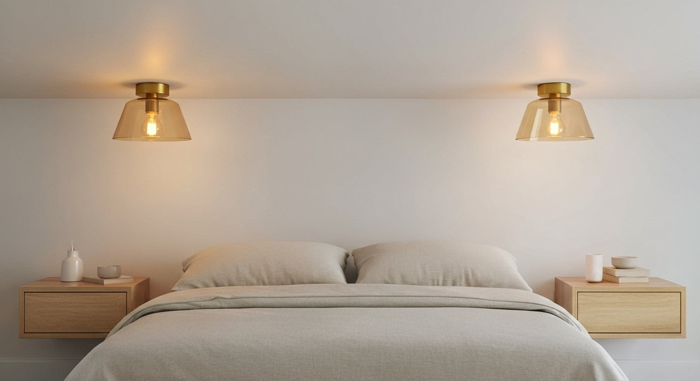 Two AuraSphere Ceiling Lights in a soft Amber glass finish, symmetrically mounted on the ceiling on either side of a bed in a serene bedroom. VelunaLumin.