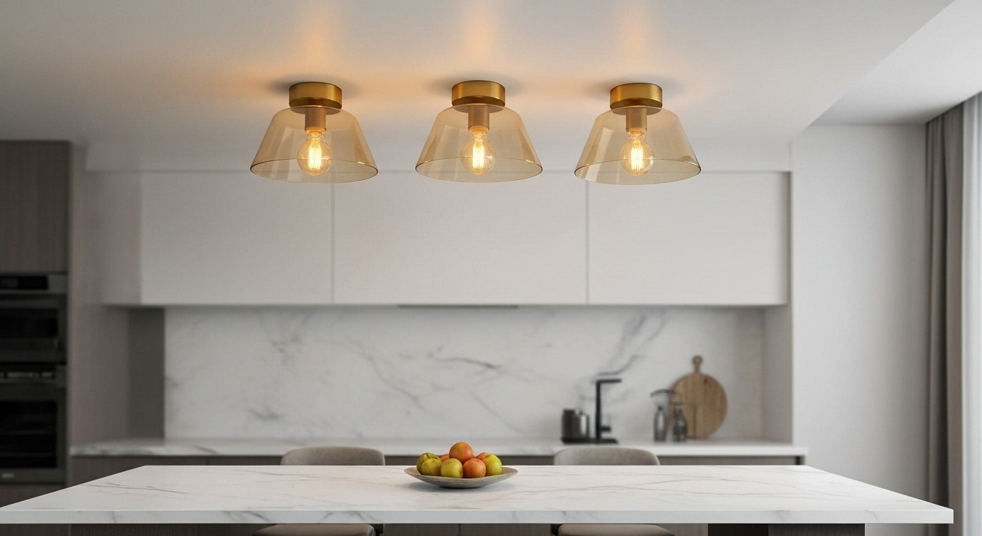 An artistic cluster of AuraSphere Ceiling Lights in mixed shapes and colors (Amber, Green) mounted directly on the ceiling over a modern kitchen island. VelunaLumin.