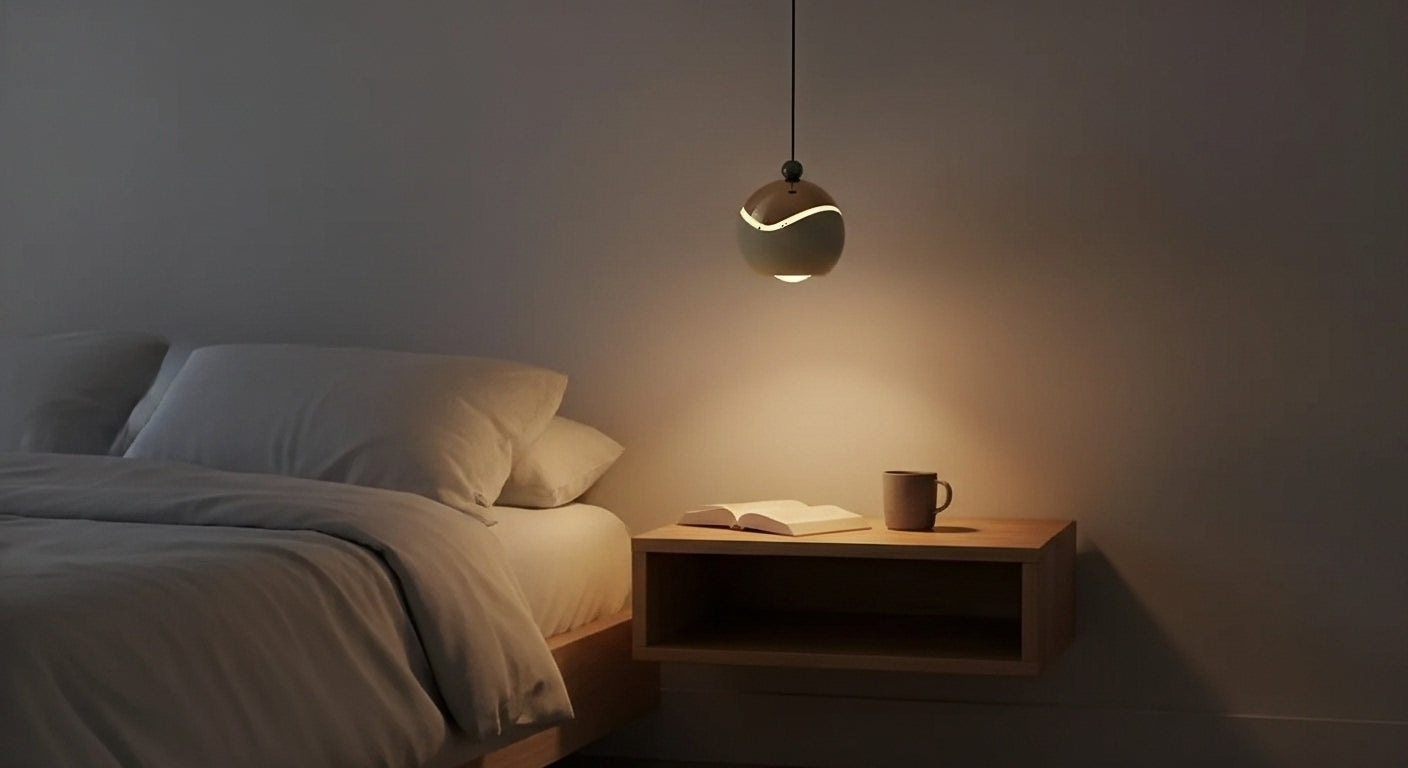 Two AuraSpire pendants in Off-White used as minimalist bedside lighting in a serene, modern bedroom. VelunaLumin.