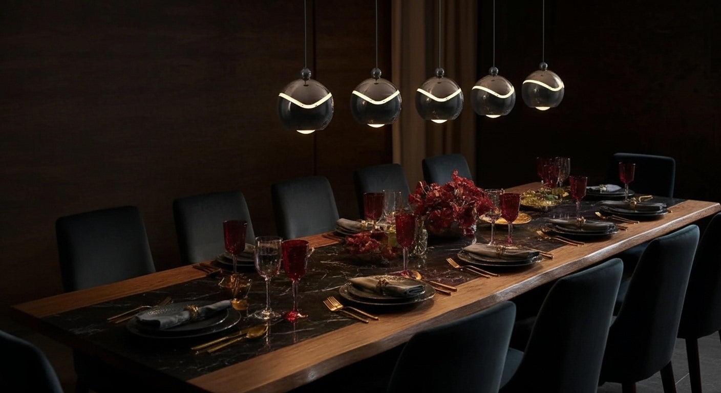 A linear arrangement of five AuraSpire pendants in Matte Black illuminating a long, dark wood dining table for a dramatic effect. VelunaLumin.