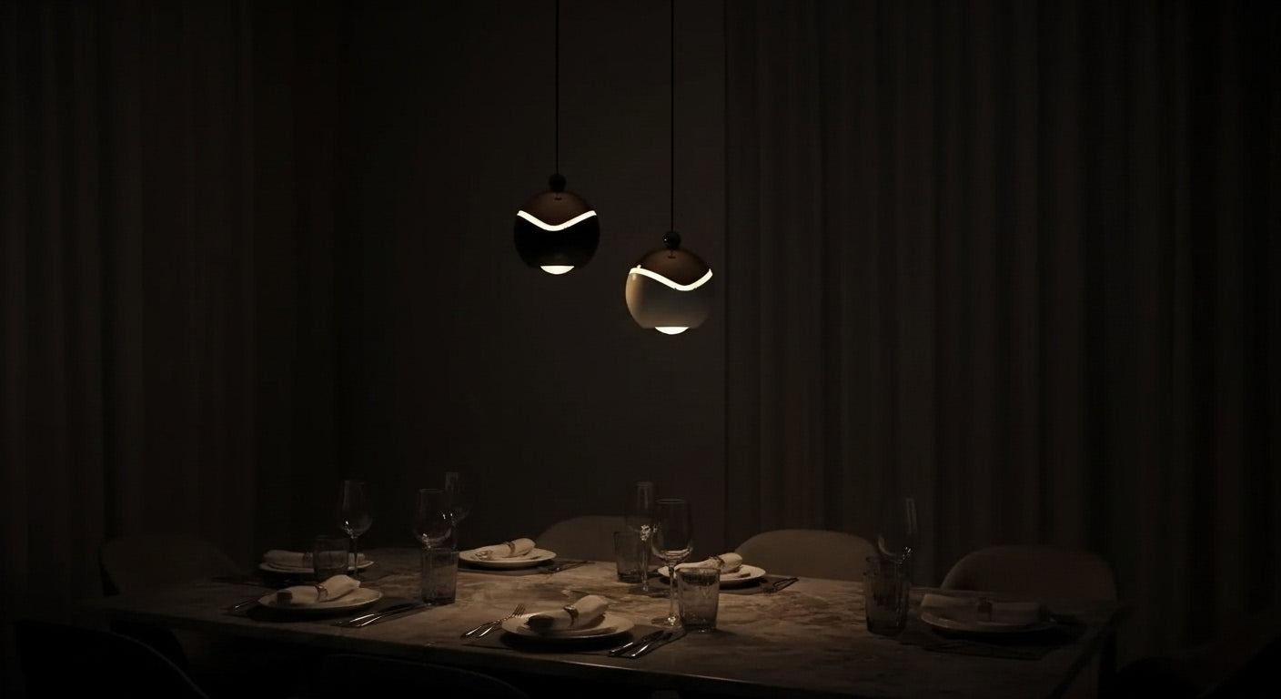 A linear arrangement of five AuraSpire pendants in Matte Black illuminating a long, dark wood dining table for a dramatic effect. VelunaLumin.