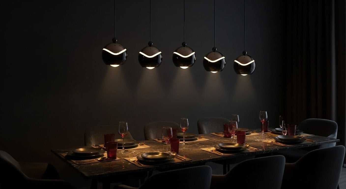 A linear arrangement of five AuraSpire pendants in Matte Black illuminating a long, dark wood dining table for a dramatic effect. VelunaLumin.