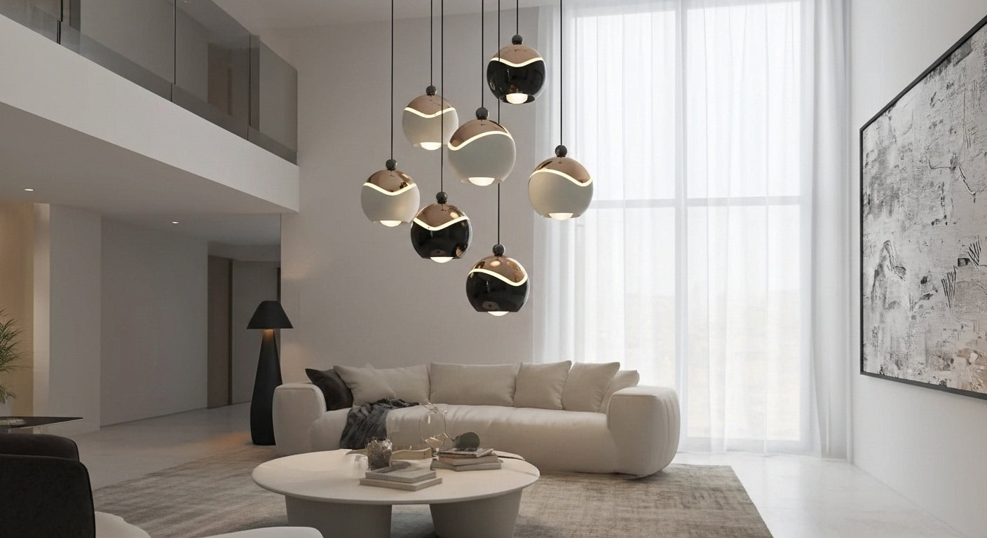AuraSpire Architectural Pendant Light in a soft Off-White and Black finish, featuring a minimalist aluminum body and optical spotlight lens. VelunaLumin.