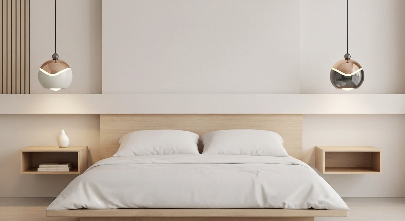 Two AuraSpire pendants in Off-White used as minimalist bedside lighting in a serene, modern bedroom. VelunaLumin.