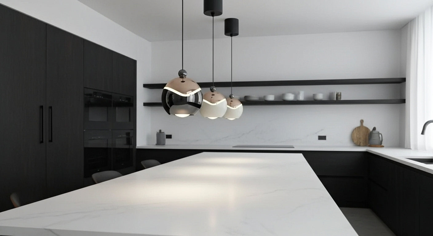 A cluster of AuraSpire pendants in Black and Off-White hanging over a modern white marble kitchen island, providing focused LED light. VelunaLumin.