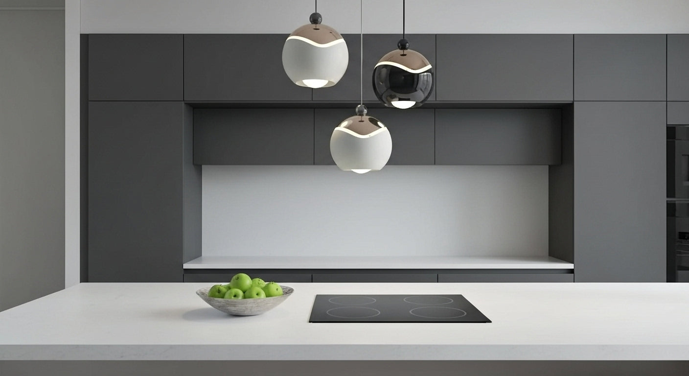 A cluster of AuraSpire pendants in Black and Off-White hanging over a modern white marble kitchen island, providing focused LED light. VelunaLumin.