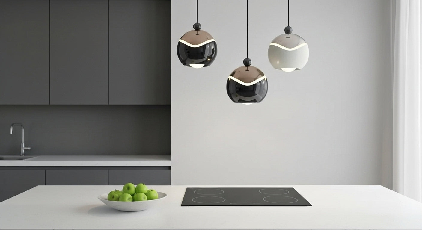 A cluster of AuraSpire pendants in Black and Off-White hanging over a modern white marble kitchen island, providing focused LED light. VelunaLumin.