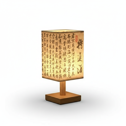 SereneScape Artisan Table Lamp with 'Celestial Cranes' oriental art linen shade, dimmable warm light, and solid wood base. VelunaLumin.