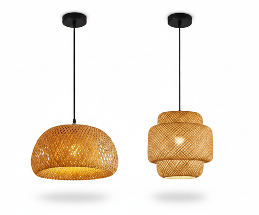 ZenWeave 'Harmony Dome and Tiered Serenity' Pendant Light, a hand-knitted natural bamboo lamp with a smooth, hemispherical shape, E27 compatible. VelunaLumin.