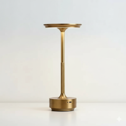 AuraElara Cordless Table Lamp in Brushed Gold aluminum, a dimmable and rechargeable modern LED light with touch control. VelunaLumin.