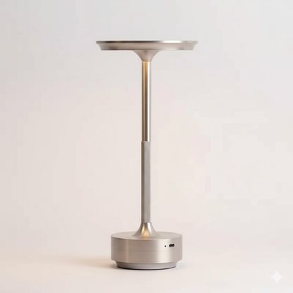AuraElara Cordless Table Lamp in Polished Silver aluminum, a dimmable and rechargeable modern LED light with touch control. VelunaLumin.