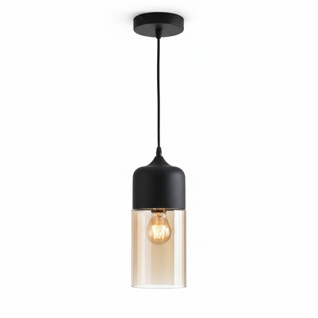 LuminaGrace Rich Amber & Clear Glass Pendant Light - Slim Cylinder Shape, designer droplight with luxurious amber metal finish and crystal-clear glass shade, perfect for elegant bedrooms, VelunaLumin.