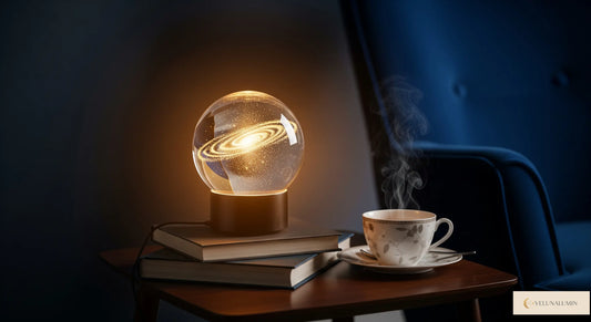 Cosmos 3D galaxy crystal sphere night light on wood base.