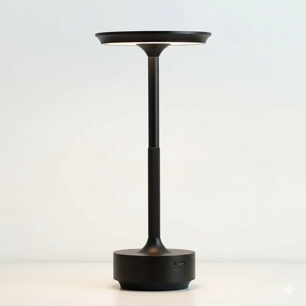 AuraElara Cordless Table Lamp in Matte Black aluminum, a dimmable and rechargeable modern LED light with touch control. VelunaLumin.