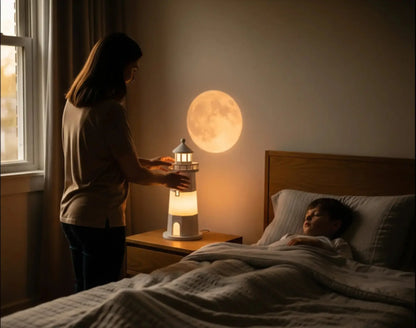 LunaBeacon lighthouse night light projecting a floating moon.