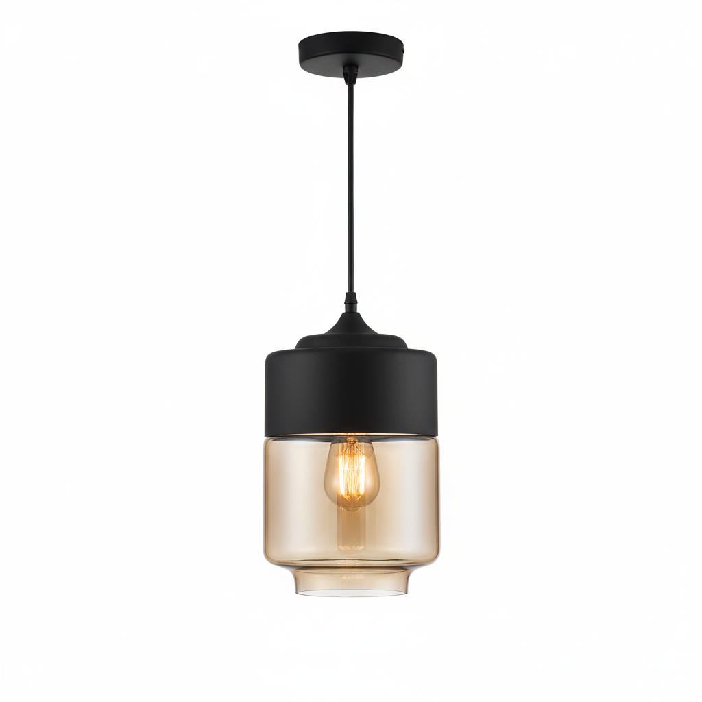 LuminaGrace Rich Amber & Clear Glass Pendant Light - Slim Cylinder Shape, designer droplight with luxurious amber metal finish and crystal-clear glass shade, perfect for elegant bedrooms, VelunaLumin.