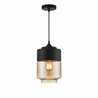 LuminaGrace Rich Amber & Clear Glass Pendant Light - Slim Cylinder Shape, designer droplight with luxurious amber metal finish and crystal-clear glass shade, perfect for elegant bedrooms, VelunaLumin.